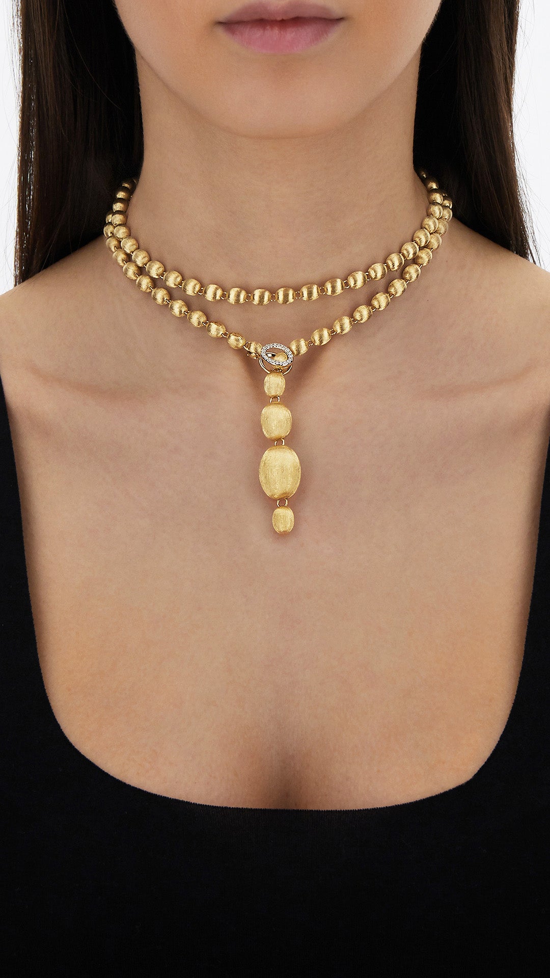Iconic "IVY SLIM" Convertible Necklace with Hand-Engraved Gold Balls and Diamonds (Long)